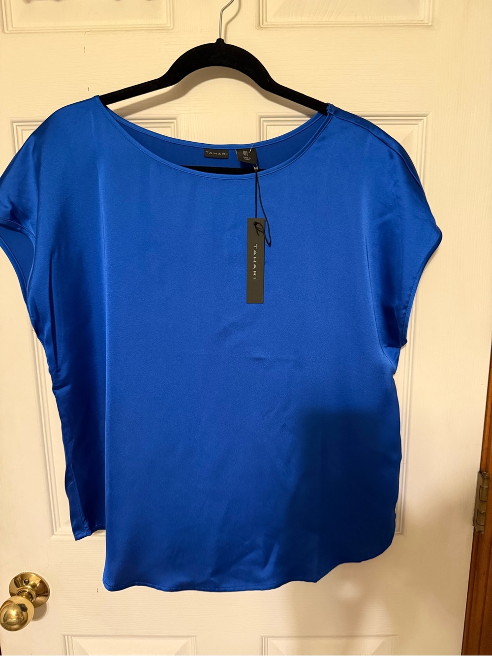 Tahari Sapphire Blue Satin Short Sleeve Blouse